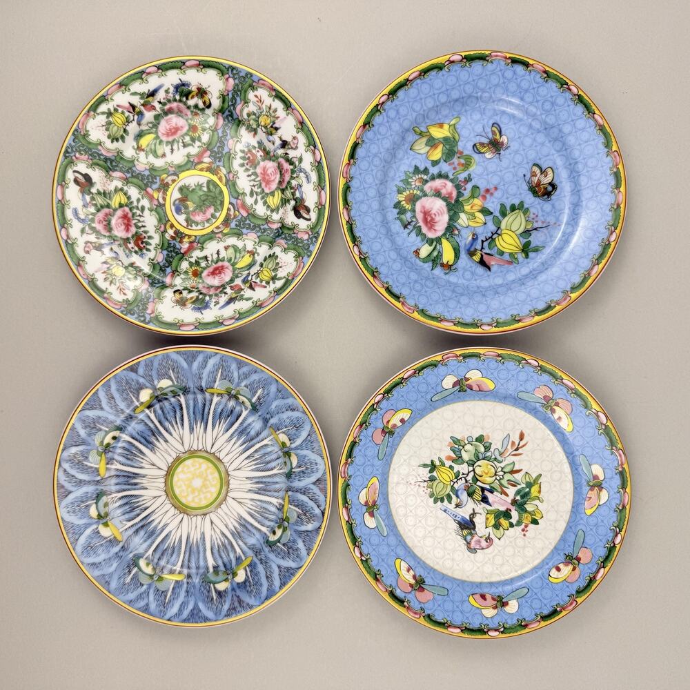 Williams Sonoma Famille Rose Appetizer Plates Mixed Set Of 4 Blue Floral Birds - Picture 2 of 7